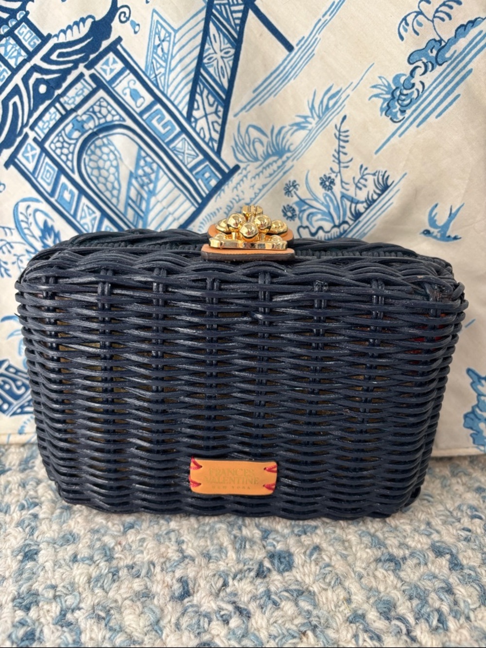 Frances Valentine Paige Wicker Box Clutch in Navy Blue